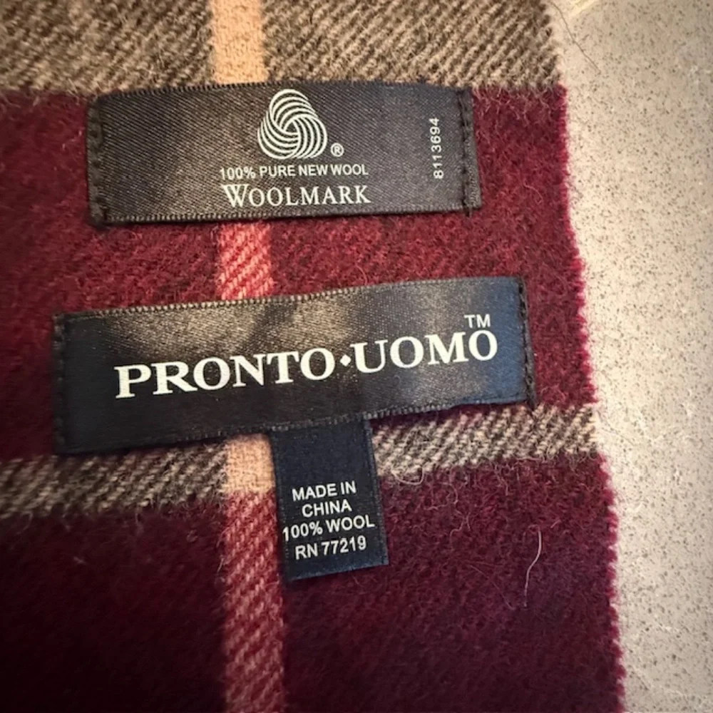Pronto Uomo Plaid 100% Pure Wool Maroon & Tan Check Scarf Men Dry Cleaned